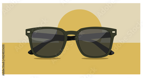 Sunglasses sit on flat yellow surface, against a rising sun, for summer ads