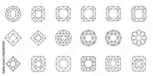 various diamond cut shapes including oval square and round in a geometric design