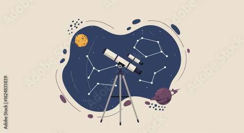 Flat illustration Telescope observing constellations, moon, and planets in space