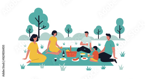 Family eating food at park picnic under trees for ads, marketing, illustration