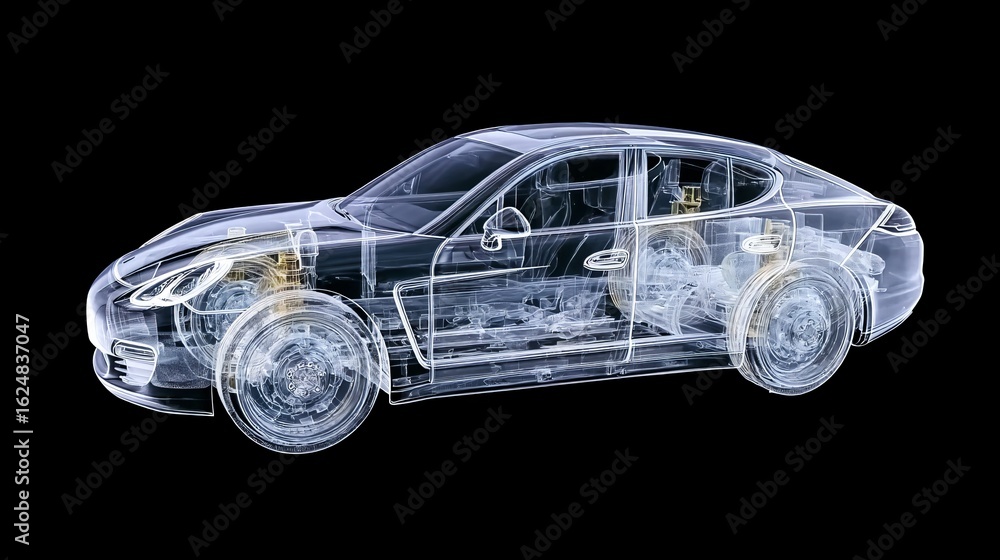 Naklejka premium X-ray style transparent car model,soft lighting highlighting side profile,wide-angle shots from multiple angles on black background, precise contours of internal components,automotive visualization