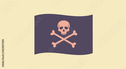 Piracy symbol. Skull and crossbones on rippling dark flag on bright background