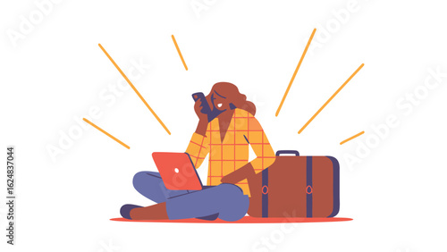 Woman sitting with laptop and suitcase talking on phone with light rays emanating around her