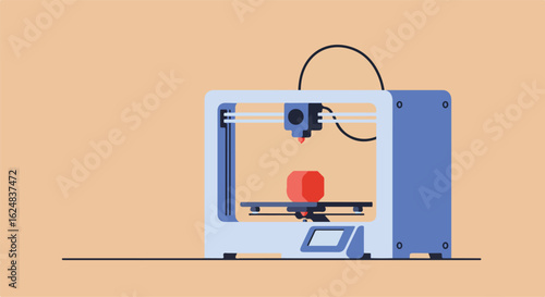 3D printer prints a red object on a table, with a brown wall background, concept