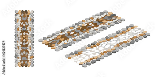 Isometric view of three pebble stone paths with brown and gray stones on a white background