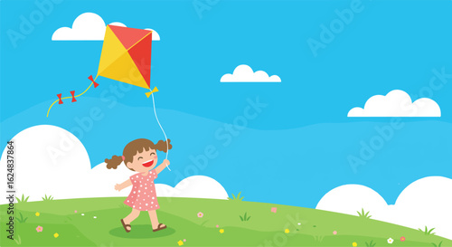 A girl flies a kite in a park on a sunny day, with blue skies and clouds in back