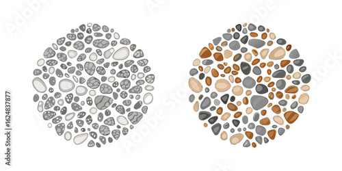 Two circles filled with pebble stones in gray and brown shades arranged in a circular pattern side by side