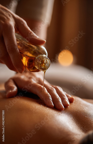 A professional massage, close-up of hands massaging and applying oil to back fingers. The focus is on the detailed skin texture under warm light.