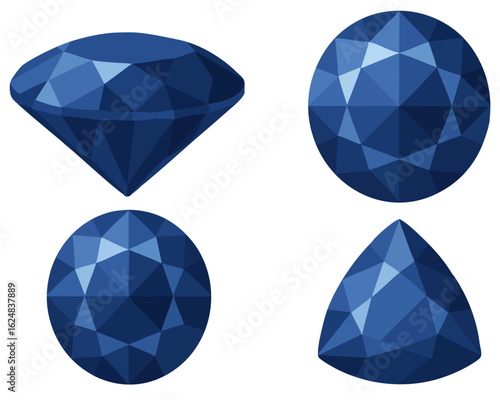Royal blue gemstone collection.  Set of round, pera, oval, emerald, cushion cut shapes Sapphire stones. Geometric art style gemstones diamond icons. Dazzling shine vector jewelry