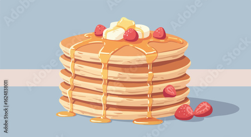 Pancakes with syrup and strawberries on table, light background. Food blog use