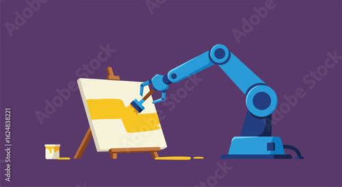 Blue robot arm painting yellow on easel; creativity and automation illustration