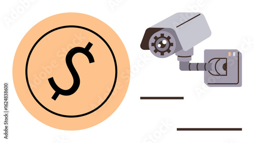 Currency inside circle paired with a surveillance camera addressing financial protection, data monitoring, and security. Ideal for fintech, cybersecurity, savings awareness, fraud caution