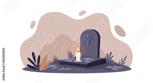 Grave with a Candle in the Rain Background. Memorial. Remembrance. Illustration
