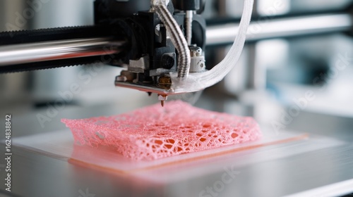 A finished segment of human tissue printed on a 3D bioprinter bed, detailed close up, medical research setting