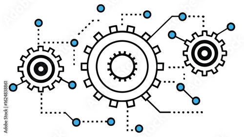 Abstract illustration of interconnected gears and digital nodes representing a complex technological system or network with a clean white background