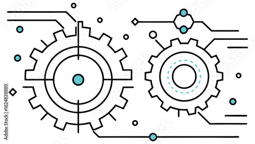 Abstract illustration of interconnected gears and circuits symbolizing technological advancement and mechanical engineering with a futuristic digital network theme