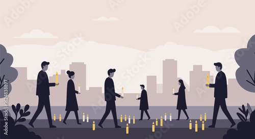 People walking at night with candles in city vigil background for remembrance use
