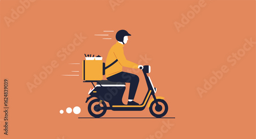 Rider delivering food on a scooter on an orange background with motion lines