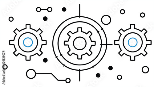 Abstract illustration of interconnected gears and circular mechanisms representing a complex system or process with a futuristic technological feel