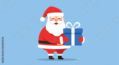 Cartoon Santa holding present on a plain background for holiday greetings