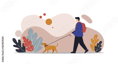 Walking dog on leash in stylized park with floral background for ad or blog use