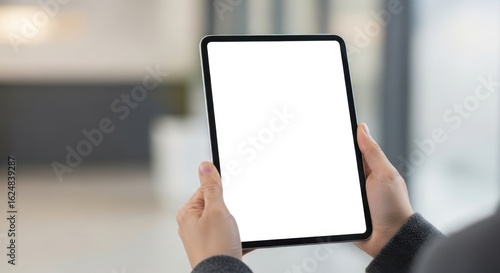 Person Holding Black Tablet with White Screen in Modern Indoor Setting