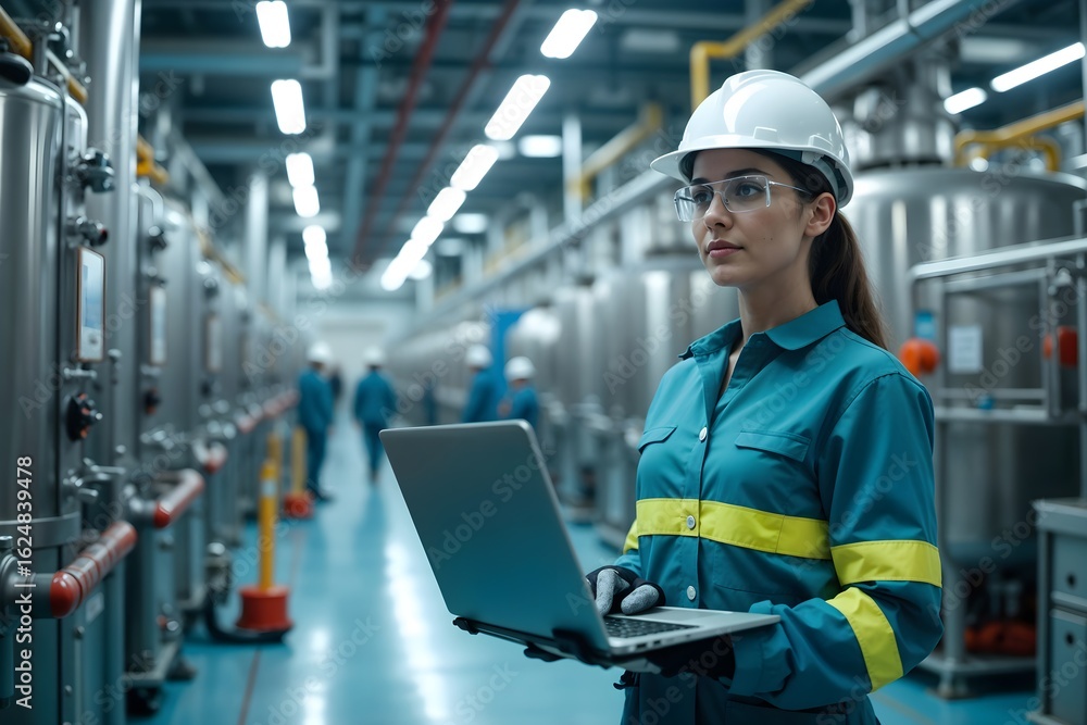 Woman in safety gear uses laptop in industrial facility during daytime while inspecting equipment and processes Woman in safety gear uses laptop in industrial facility during daytime while inspecting equipment and processes
