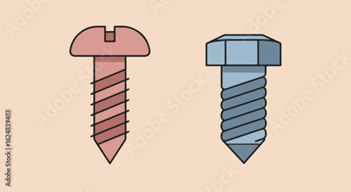 Two Screws, One Pink and One Blue, isolated for DIY guides and hardware sites