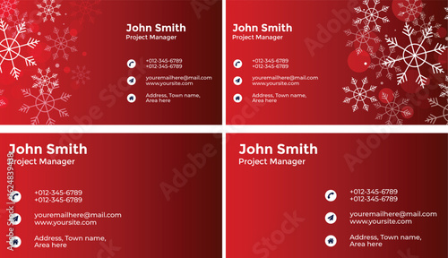 Festive christmas business card design with snowflakes and contact details on a red background