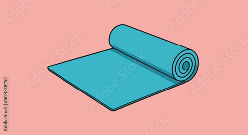 Turquoise mat partially rolled out on pink surface for exercises, graphic resource