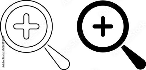 Search icon set. zoom in icons. magnifier with plus. loup with check mark signs. search and investigation symbol
