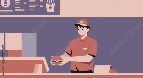 Employee handing burger at counter, menu in background. Fast food service ad