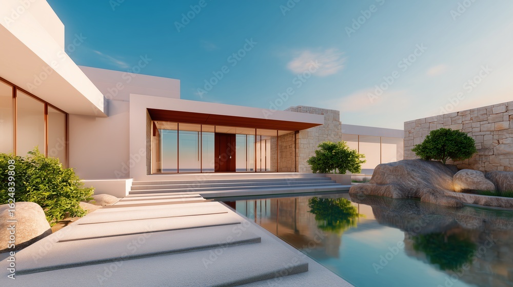 Fototapeta premium A modern house with a grand entrance featuring a massive pivoting door, a reflecting pool, and a minimalist stone walkway