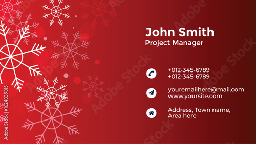 Festive christmas business card design with snowflakes and contact details on a red background