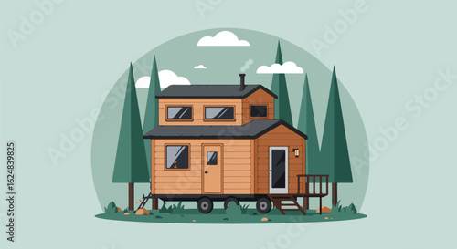 Tiny home residing on wheels in woods. Smoke in background. Can illustrate home loans