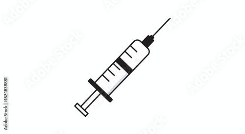 Cartoon syringe with sharp needle. White background. Vaccination concepts
