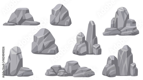 various gray rocks and stones in different shapes and sizes on a white background