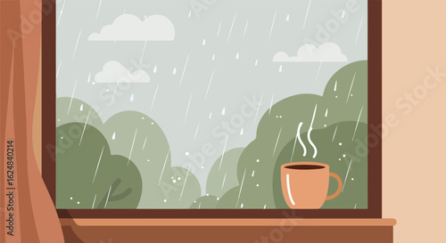 Coffee mug on sill looking at rain over lush green trees from window background