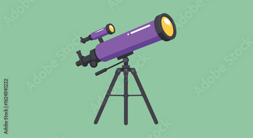 Isolated Purple Telescope on Tripod, Against Plain Green Background, for Education