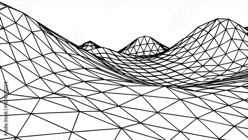 Abstract wireframe landscape with geometric mountains and valleys rendered in black and white representing digital terrain and data visualization