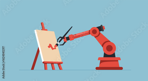 Painting Robot arm with brush on easel in art studio; light blue background. AI concept