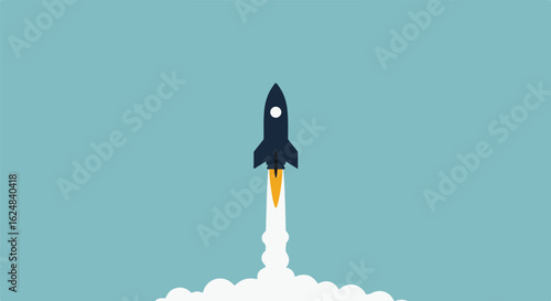 Rocket launching in blue sky with white smoke, metaphor for start-up growth