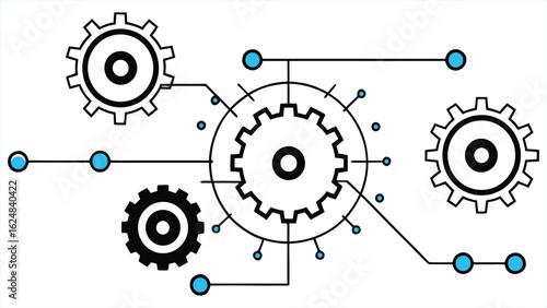 Abstract representation of interconnected gears and nodes symbolizing a complex system network or technological process with a clean, modern design