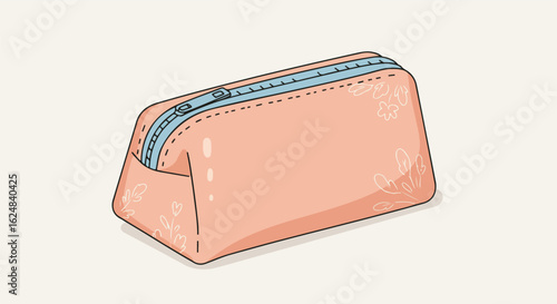 Floral peach zipper pouch on plain background. For cosmetics or storage