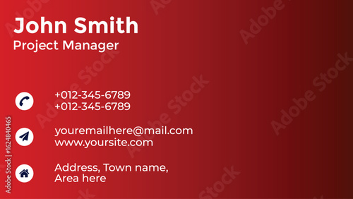 Professional business card with contact details for john smith, project manager, on a red gradient background