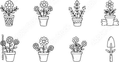 Collection of Hand Drawn Potted Flowers and Gardening Tools in Black and White potted plant illustration