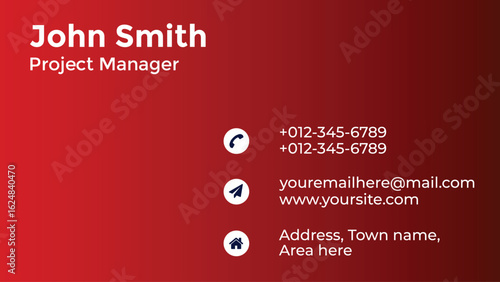 Professional business card with contact details for john smith, project manager, on a red gradient background