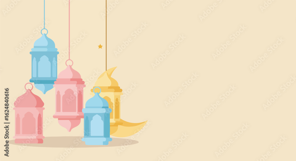 Naklejka premium Festive hanging lamps, crescent in the background, event card, social media graphic