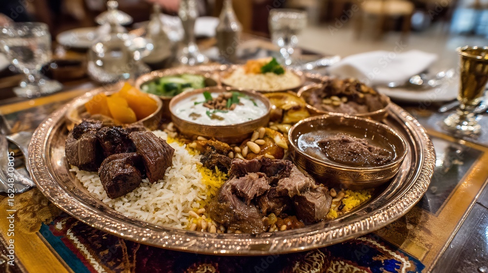 Naklejka premium Close up shot of a large silver platter filled with rice meat and various side dishes in small bowls