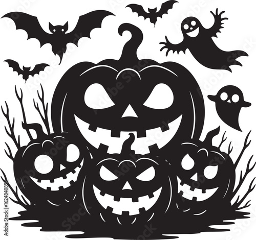 Spooky Halloween pumpkins, bats, and ghosts create festive fright